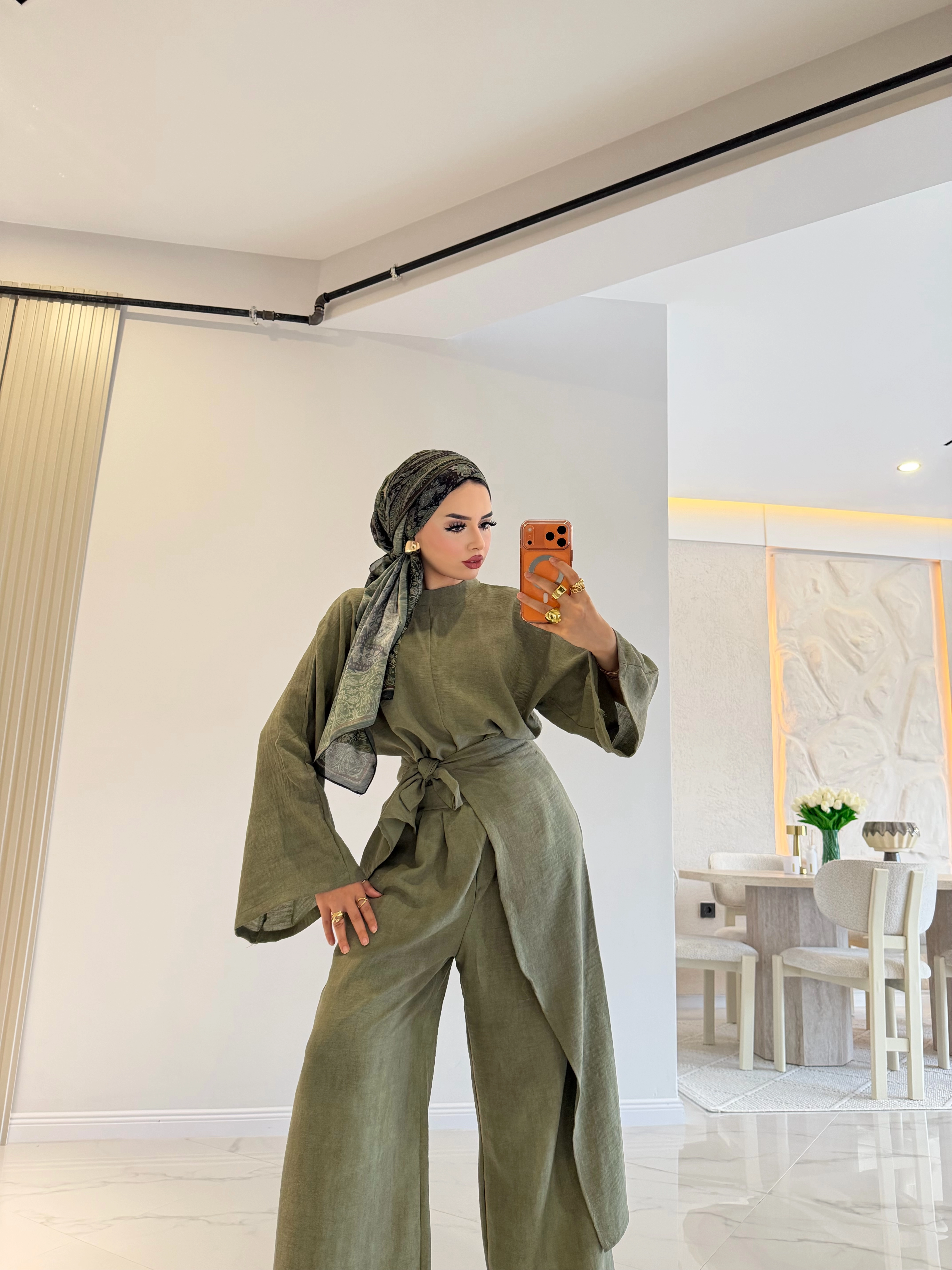 Busi Üçlü Tesettür Tk [ Keten Belden bağlamalı Pantolonlu ]