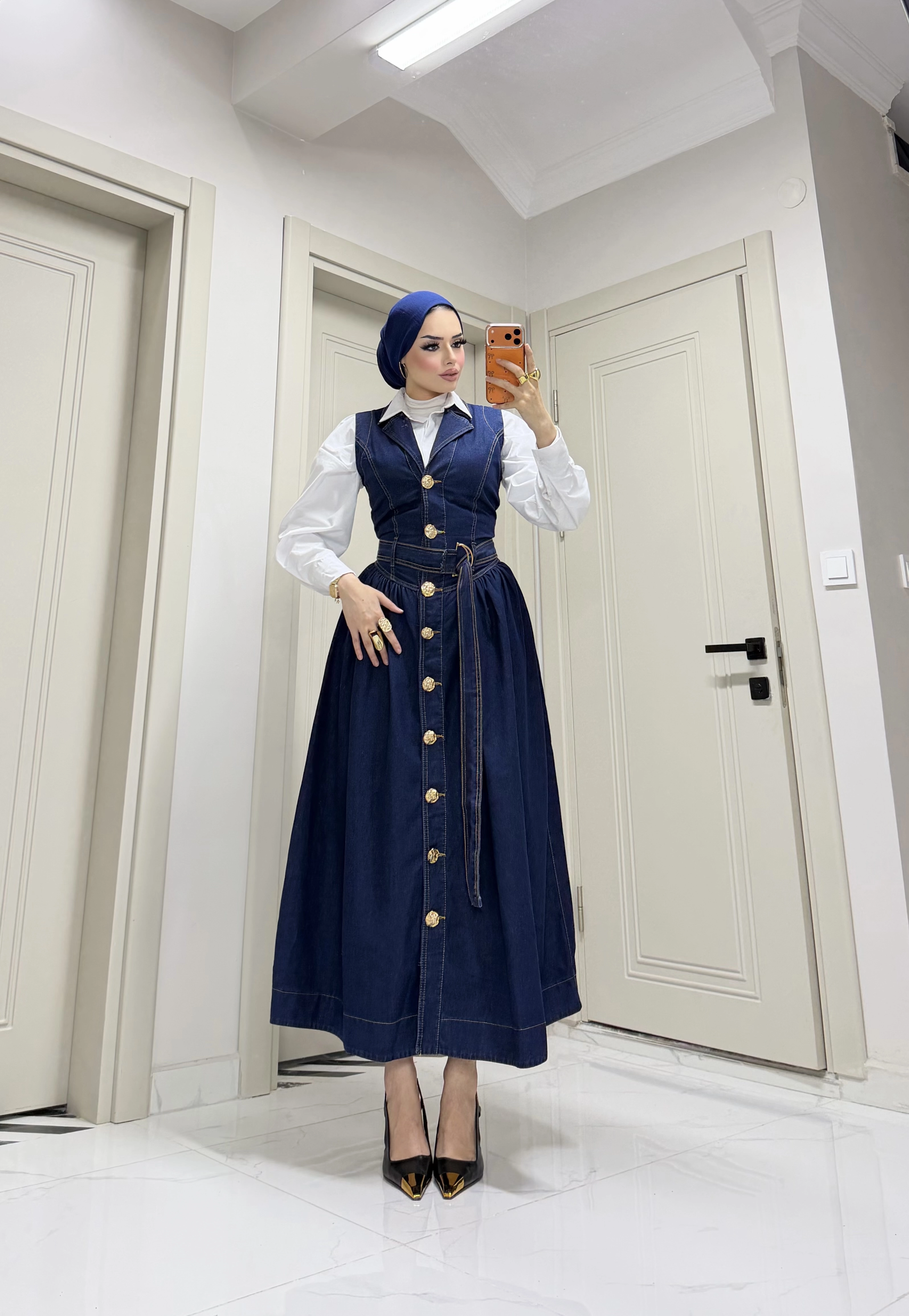 AFRODİT Gold düğme detay kemerli Kot Jile 