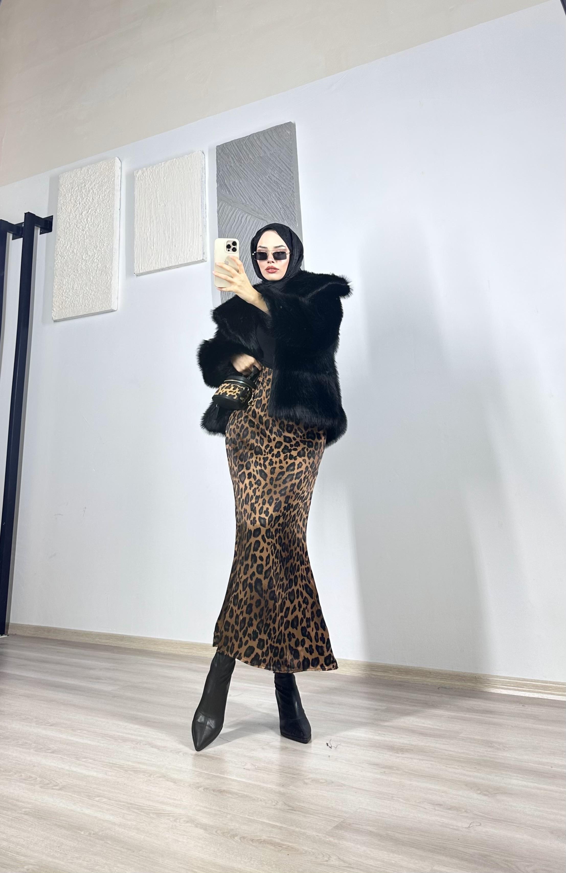 Saten Kahve Leopar Etek