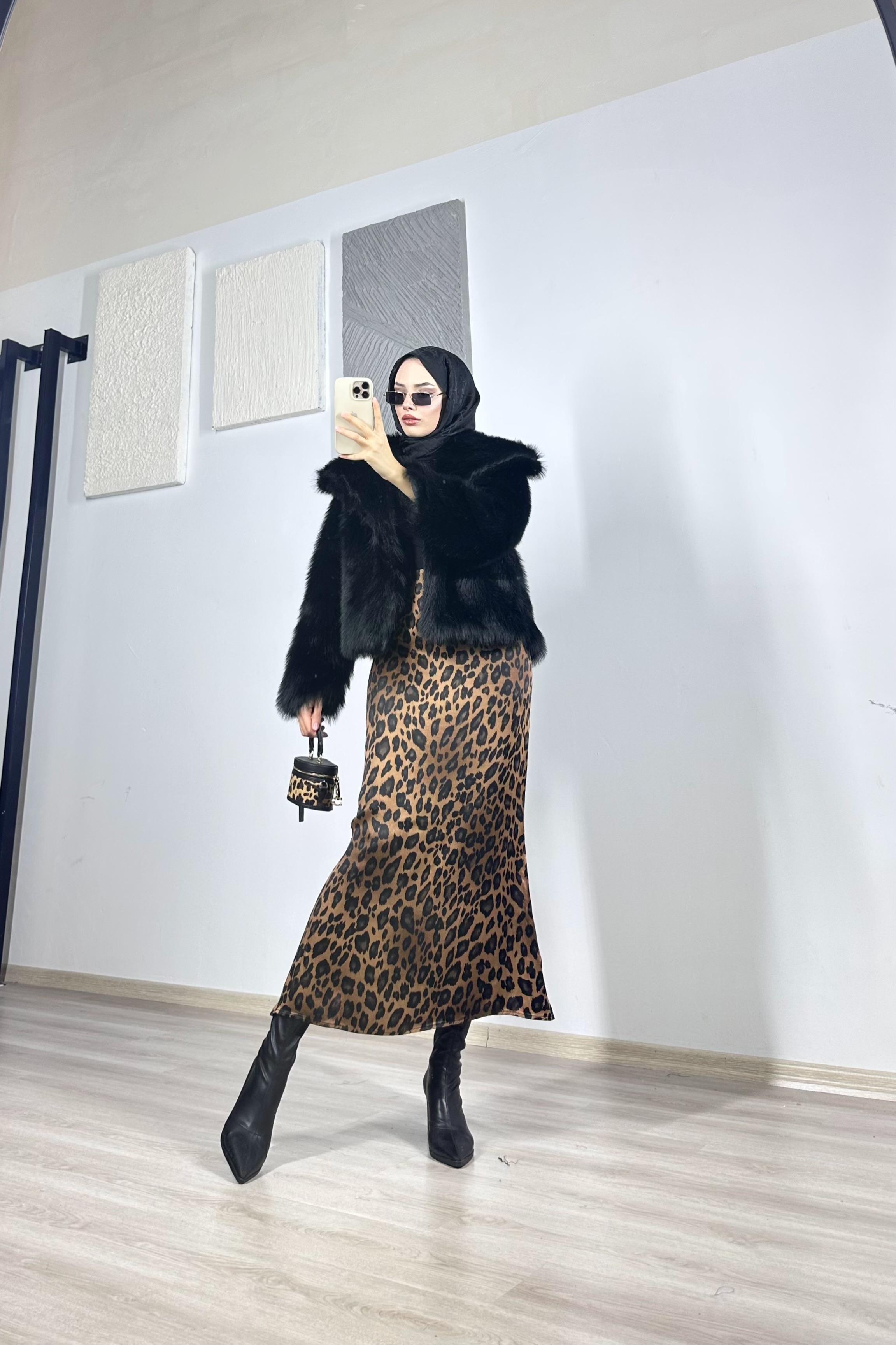 Saten Kahve Leopar Etek