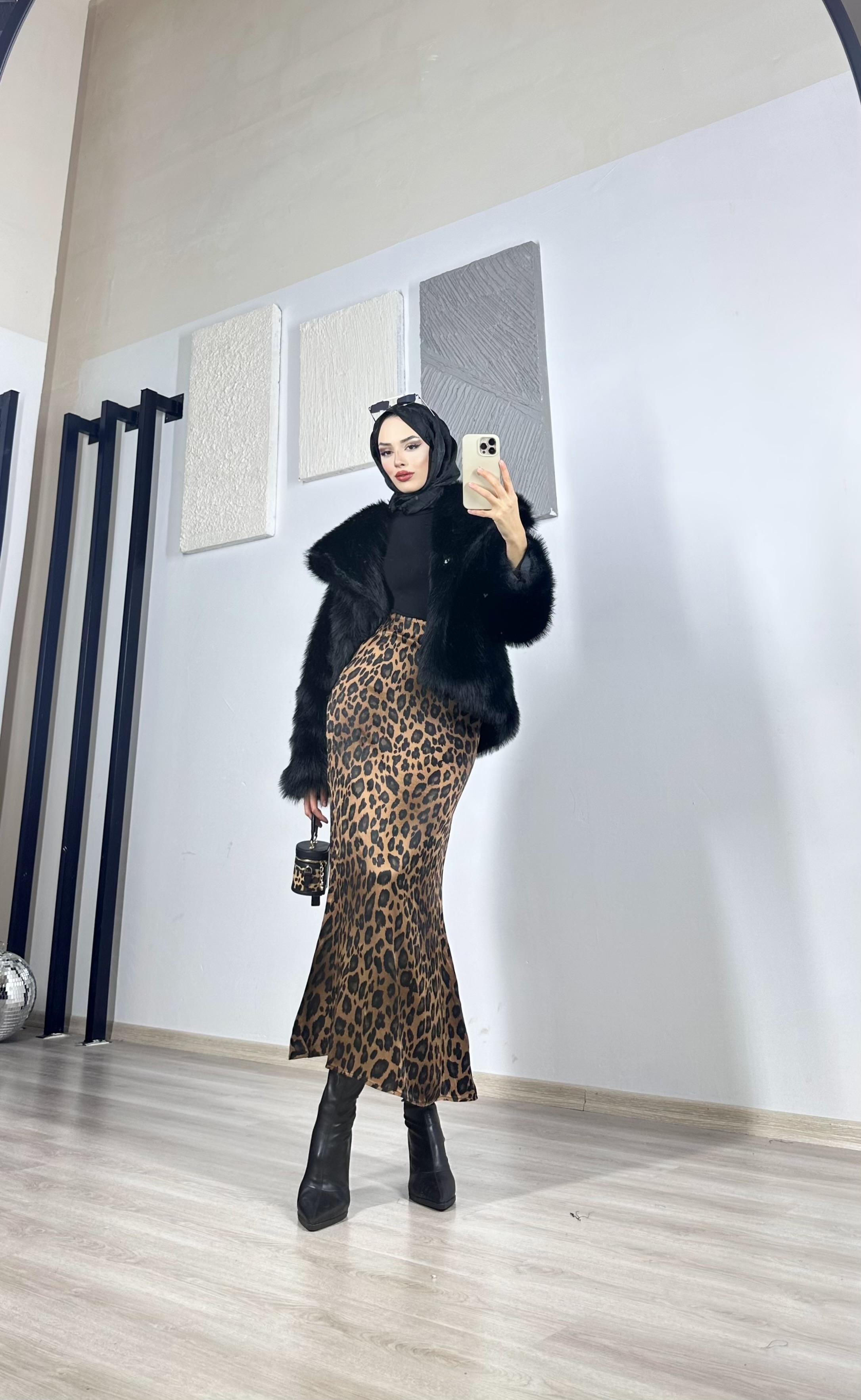 Saten Kahve Leopar Etek