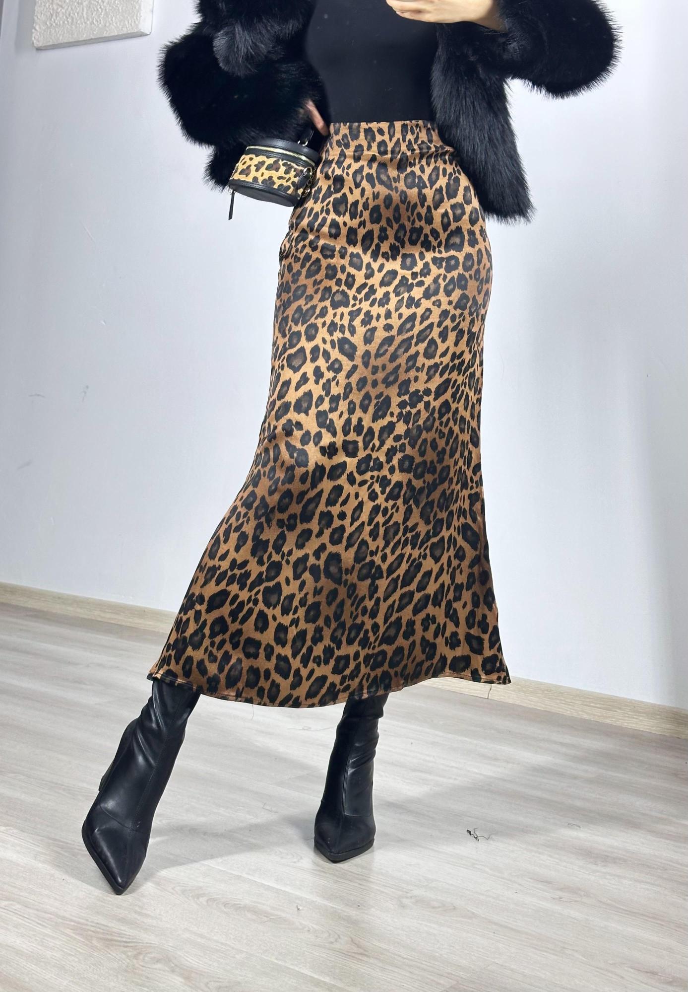 Saten Kahve Leopar Etek