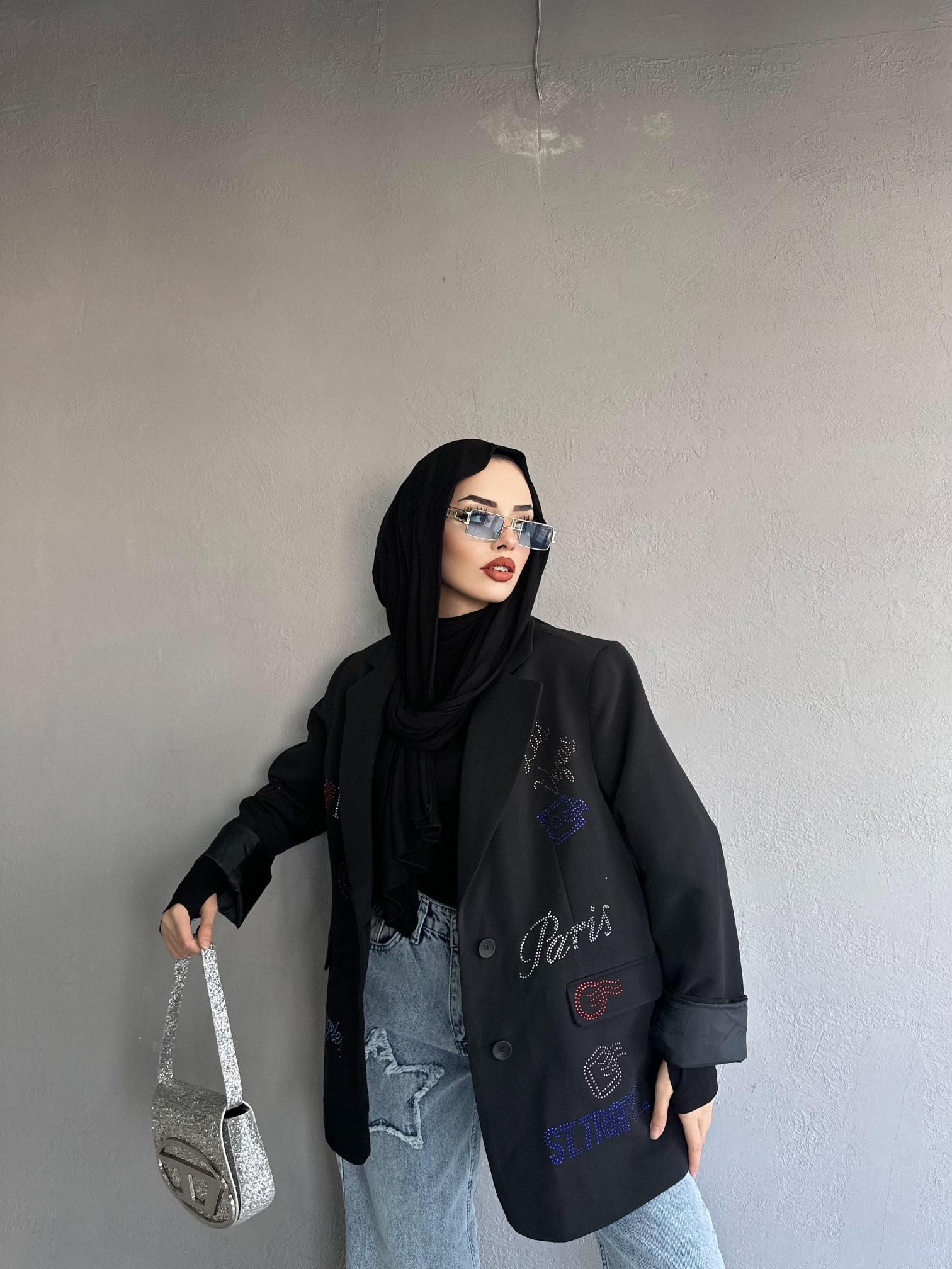 Taş işlemeli siyah Bleazer Ceket