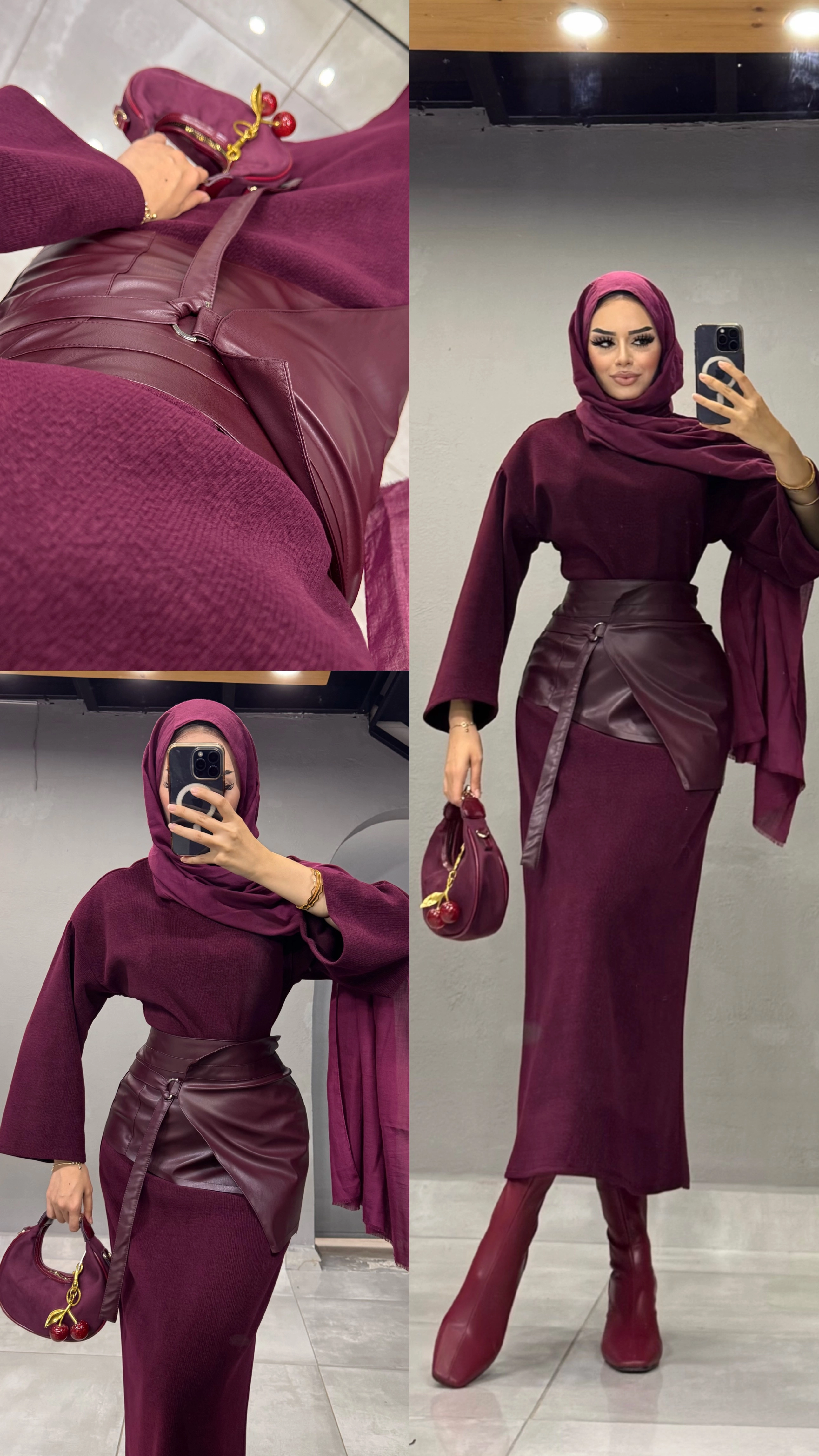 KALIN DERİ KEMERLİ KADİFE ELBİSE BORDO