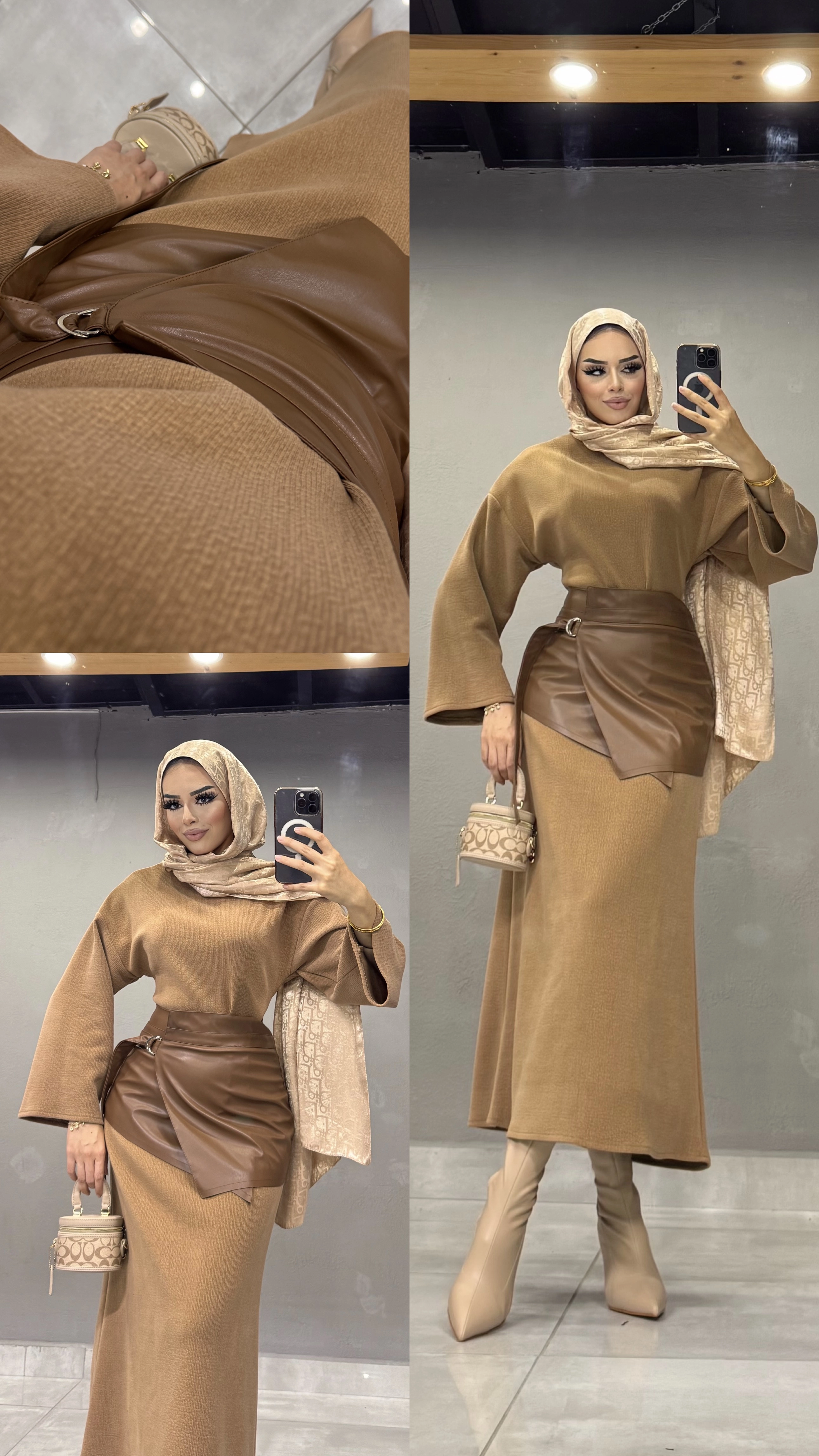 KALIN DERİ KEMERLİ KADİFE ELBİSE CAMEL