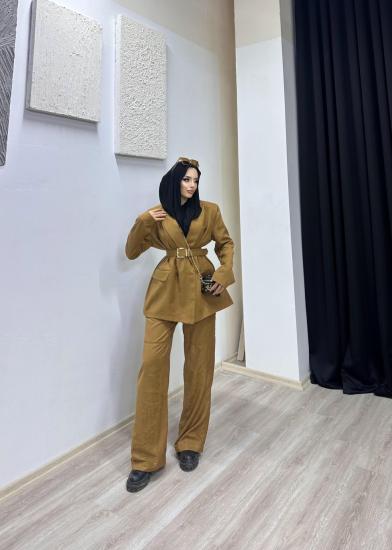 bleazer kadife kamel takım kemerli