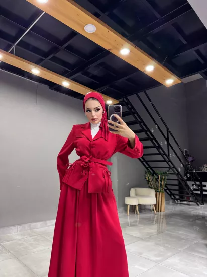 gül broşlu fiyonk detaylı tesettür ceketli etekli takım
