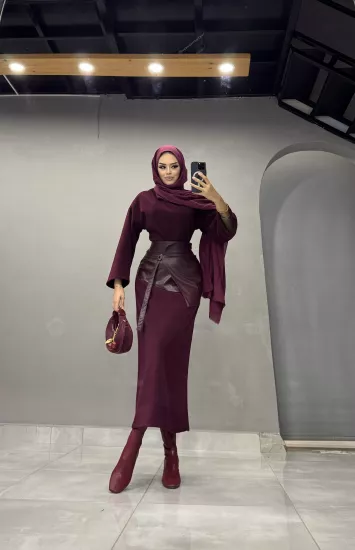KALIN DERİ KEMERLİ KADİFE ELBİSE BORDO