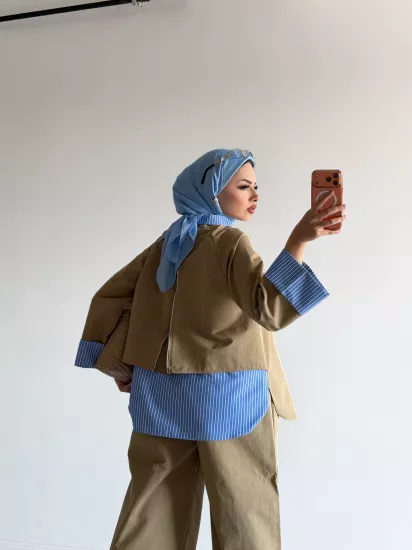 Çizgi gömlek detay Trenç takım